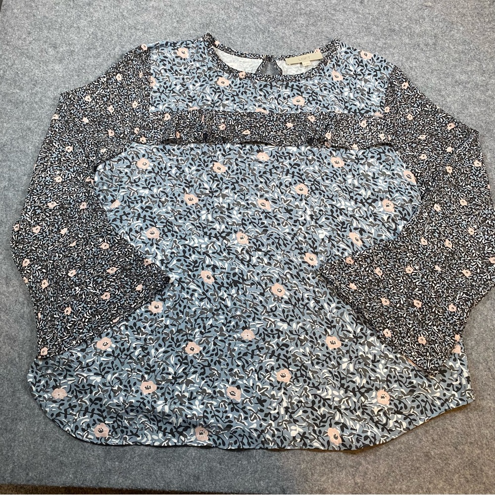 LOFT Blouse Floral Bell Sleeve Ruffle Multicolor Round Neck Casual Top Womens XL